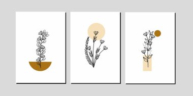 En az üç tane siyah-beyaz çizgi sanat eseri seti. Sürekli bir sıra Çiçek Duvar Dekoru. İskandinav duvar süslemeleri. Ev dekorasyonu, poster, duvar kağıdı, kart, arkaplan için kullanılabilir