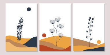 Üç bontanik çiçek duvar sanat vektörü seti. Organik şekiller duvar dekoru. Boho İskandinav duvar süslemeleri. Poster, sosyal medya, davetiye, geçmiş, tebrik kartları ve sanat deco için kullanılabilir