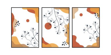 Üç bontanik çiçek duvar sanat vektörü seti. Organik şekiller duvar dekoru. Boho İskandinav duvar süslemeleri. Poster, sosyal medya, davetiye, geçmiş, tebrik kartları ve sanat deco için kullanılabilir