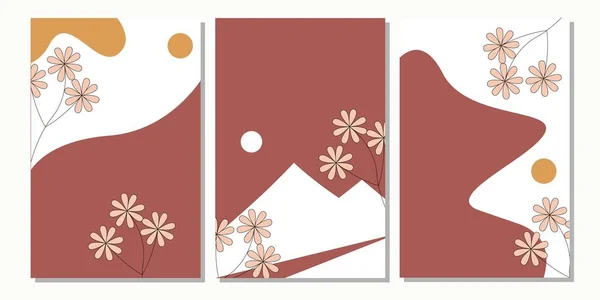 Set Japandi Oder Japanische Skandinavische Wandkunst Mond Gebirgswanddekor Blumen Wanddekorationen — Stockvektor