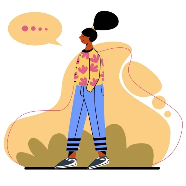 Girl Walks Alone Talk Vector Ilustration Character Girl Take Time —  Vetores de Stock