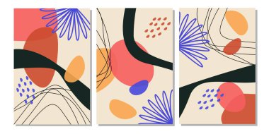 Üç el çizilmiş tropikal yaprak posteri. Soyut şekilli duvar kağıtları olan doğanın bir koleksiyonu. Duvar dekorasyonu, duvar sanatı, ambalaj kağıdı, kapaklar, hikayeler, arka plan ve şablon için iyi.