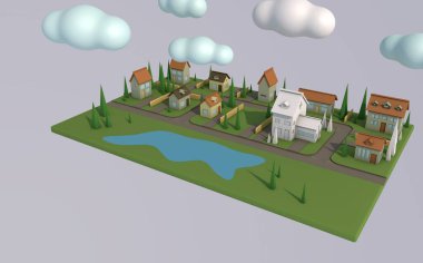 Banliyö binasını temsil eden izometrik bilgi ögesi. 3D görüntüleme. Düşük yalan makinesi. Boşluğu kopyala