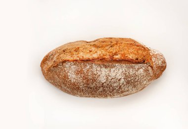 Artisan bread on white background. Two loaves on wheat bread on white background. Flat lay. Food concept.