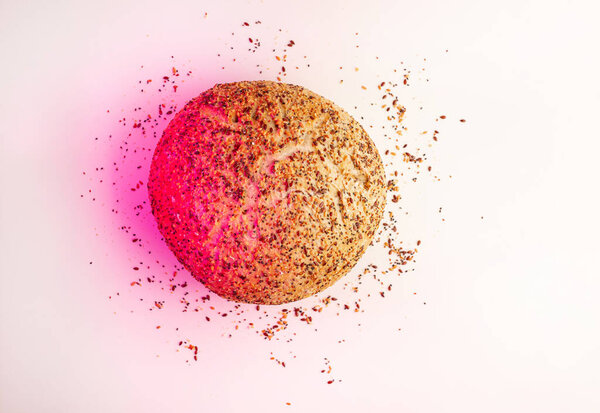 Fresh Artisan round Bread with sesame and Flax seeds Isolated on White Background. Flat lay. Food concept.