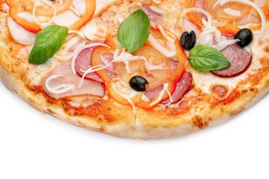 Delicious pizza on white background. Fresh pizza with sweet red pepper, ham, salami, olives and cheese isolated on white background. Copyspace. Top view. Close Up
