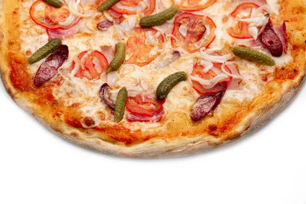 Close Delicious Pizza White Background Fresh Pizza Sausage Ham Onion — Stock Photo, Image