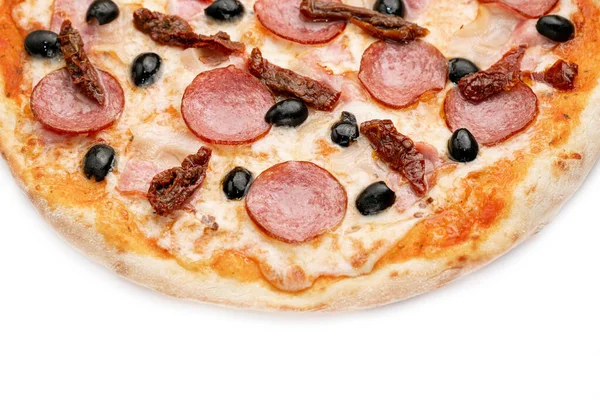 Close Delicious Pizza White Background Fresh Pizza Salami Olives Sun — Stock Photo, Image