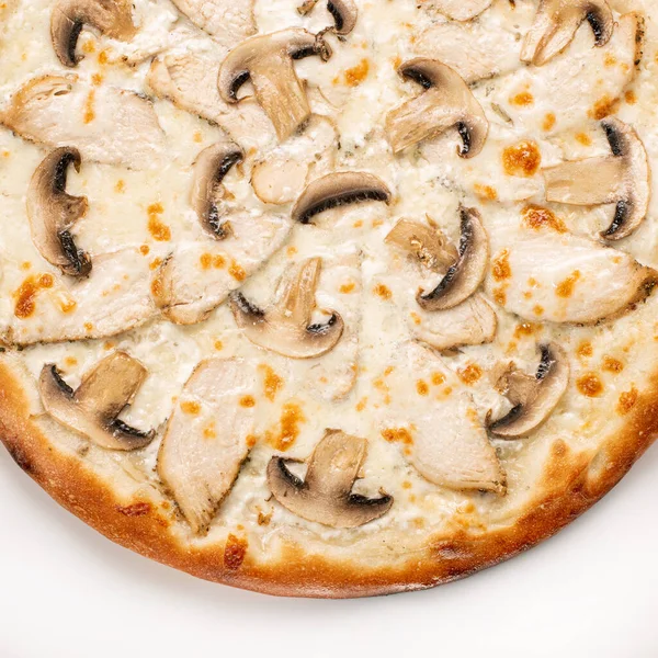 Close Delicious Pizza White Background Fresh Pizza Mushrooms Meat Cheese — Stock Photo, Image