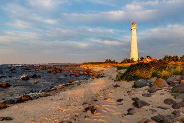 Tahkuna lighthouse on the rocky shore during sunset at Hiiumaa, Estonia, Europe. White lighthouse with red top at sundown. Pink dawn near lighthouse on the windy coast. clipart