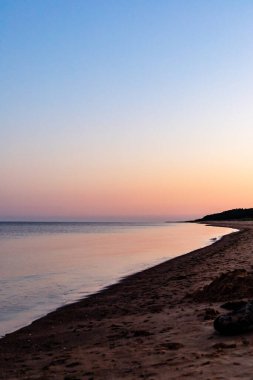 Sahilde güneşin doğuşunun dikey fotoğrafı. Sakin mavi deniz, açık pembe şafak, koyu kahverengi kum ve arka planda karanlık orman. Yazın kuzey kıyılarında şafak sökerken, yer açılır.