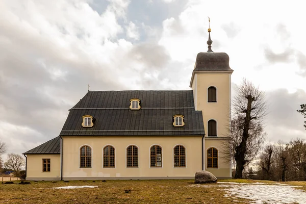 位于拉脱维亚里加的圣凯瑟琳路德教会的低角度侧向照片 淡黄色的路德教会教堂在灰蒙蒙的冬天 长有修剪过的树的教区教堂 — 图库照片