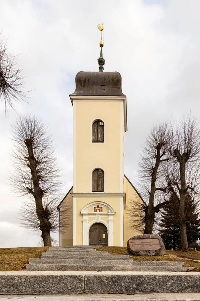 位于拉脱维亚里加的圣凯瑟琳入口的浅黄色教堂的低角度垂直照片 树冠之间的水泥台阶通向教堂入口 冬季灰蒙蒙的路德教会 — 图库照片