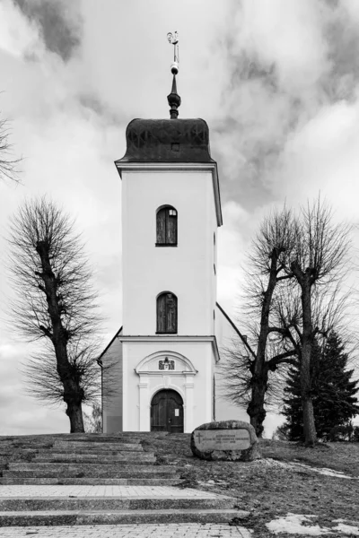 位于拉脱维亚里加的圣凯瑟琳路德教会的低角度垂直黑白照片 单色教堂 天空和修剪过的树 战争纪念馆 — 图库照片
