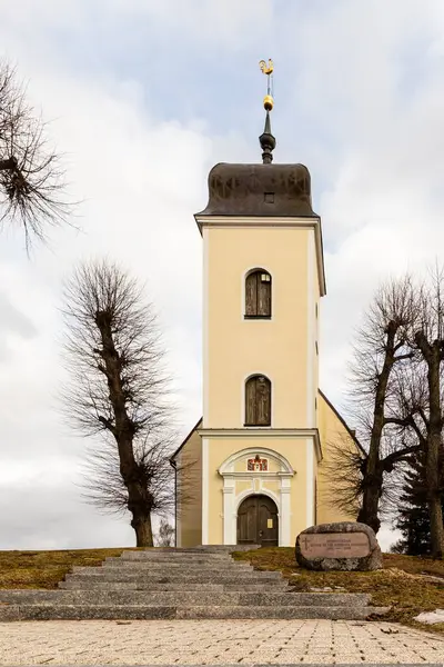 位于拉脱维亚里加的圣凯瑟琳的浅黄色教堂 冬季灰蒙蒙的低角垂直照片 两棵树之间的水泥台阶通向路德教会教堂入口 — 图库照片