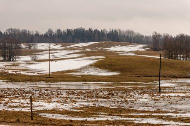 Letonya 'nın Ergli kenti yakınlarındaki Hilly yol kenarı manzarası. Kar, su birikintisi, kahverengi çimen, elektrik direkleri, uzaktan yapraksız orman. Yağmurlu bahar gününde melankolik tarım manzarası.
