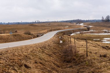 Gri asfalt yolu, sisli gri bahar gününde yılan gibi kıvrılır. Ergli, Letonya yakınlarında yağmurlu günlerde eski kırsal yol. Kahverengi çayırlarla çevrili dalgalı asfalt yol.