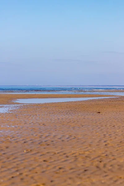 Kuzeydeki koyu sarı kumlu sahil şeridinin dikey fotoğrafı kısmen suyla kaplı, uzak deniz, kasaba ve açık mavi gökyüzü. Bahar başında Letonya, Jurmala 'daki Majori plajında boş bir tatil yeri.. 