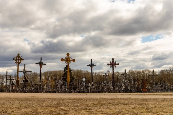 Crosses in ground - hill of crosses near iauliai, Lithuania in cloudy spring day. Wooden Catholic crosses at meadow. Religious Catholic pilgrimage place in Lithuania, Europe.
