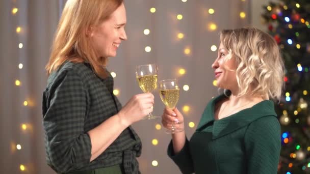 As namoradas bebem champanhe na árvore de Natal. amizade feminina — Vídeo de Stock