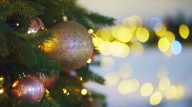 Noel ağacının dekore edilmiş dalları arka plandaki çelenk ampullerine karşı.