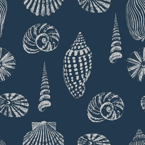 Conchas de mar sin costuras patrón azul oscuro. Textura de pincel. Ilustración vectorial — Archivo Imágenes Vectoriales