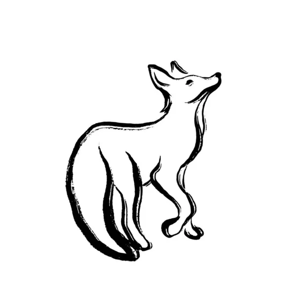 Minimalistische vos tekening in de techniek van een inktslag. Borstel en verf textuur. — Stockvector