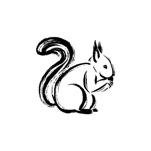 Minimalistic squirrel drawing in the technique of one ink stroke. Brush and paint texture. — Stock Vector