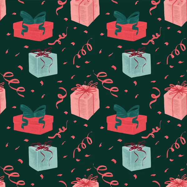 Κουτιά δώρων και κορδέλες για τα Χριστούγεννα και το νέο έτος, χωρίς ραφή μοτίβο — Διανυσματικό Αρχείο