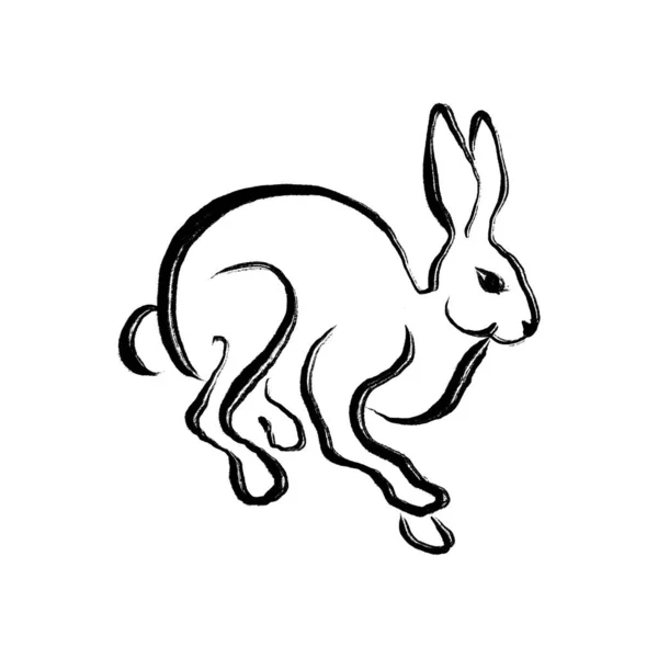 Bir mürekkep darbesi tekniğinde tavşan çiziyor. Fırça ve boya dokusu. — Stok fotoğraf