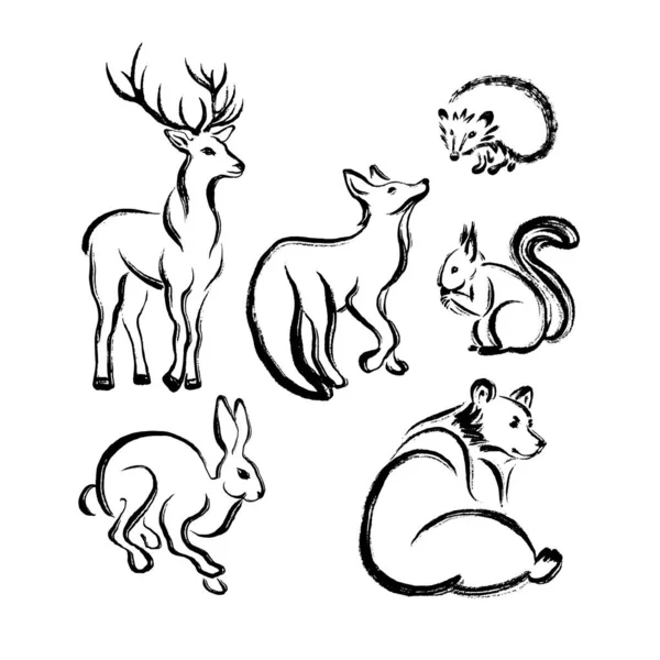 Bären, Füchse, Hasen, Eichhörnchen, Hirsche, Igel. Minimalistische Zeichnung mit einem Strich, Pinsel und Farbe. — Stockvektor