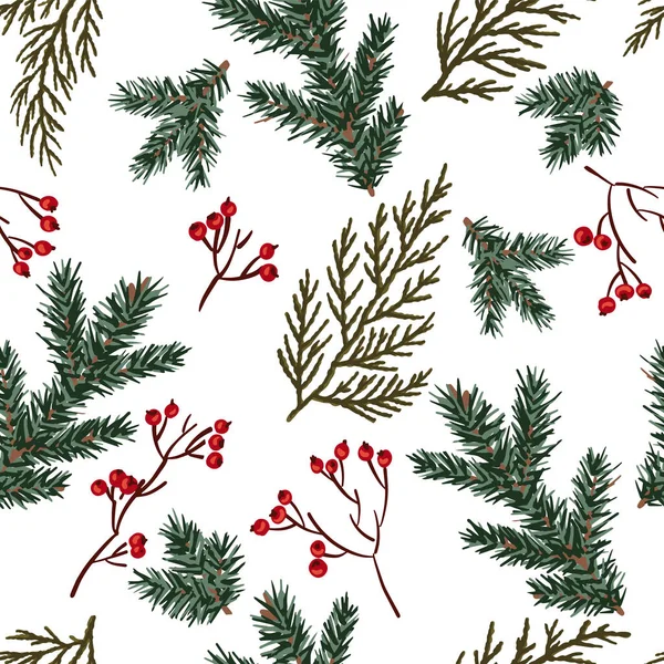 Patrón sin costuras de Navidad. Árbol de Navidad, thuja, bayas rojas. — Archivo Imágenes Vectoriales