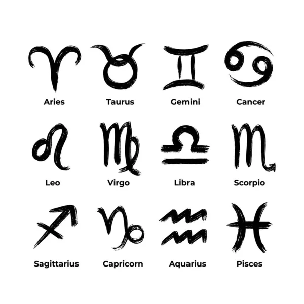 Signos del zodíaco símbolos pintados tinta negra cepillo textura — Vector de stock