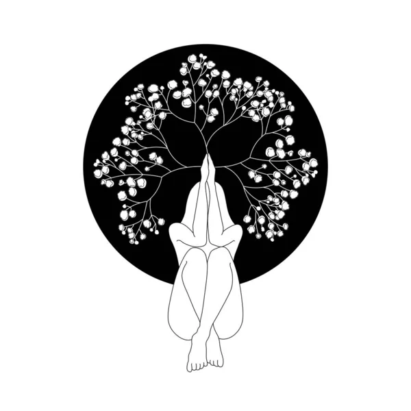 Meditação silhueta mulher com padrão de flor gypsophila. Ilustração em preto e branco. —  Vetores de Stock