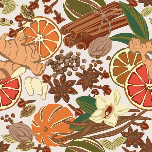 Jengibre patrón sin costura, canela, clavo de olor, cardamomo, vainilla, seco, naranjas, anís estrellado, nuez moscada, guisantes dulces conjunto de condimentos coloridos. — Vector de stock