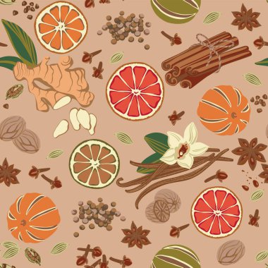 Kusursuz desenli zencefil, tarçın, karanfil, kakule, vanilya, kurutulmuş portakal, yıldız anason, hindistan cevizi, bezelye renginde tatlı bezelye..