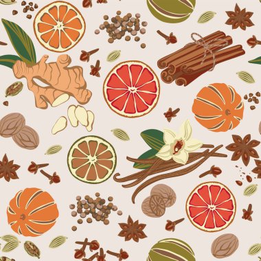 Kusursuz desenli zencefil, tarçın, karanfil, kakule, vanilya, kurutulmuş portakal, yıldız anason, hindistan cevizi, bezelye renginde tatlı bezelye..