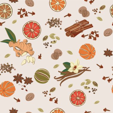 Kusursuz desenli zencefil, tarçın, karanfil, kakule, vanilya, kurutulmuş portakal, yıldız anason, hindistan cevizi, bezelye renginde tatlı bezelye..