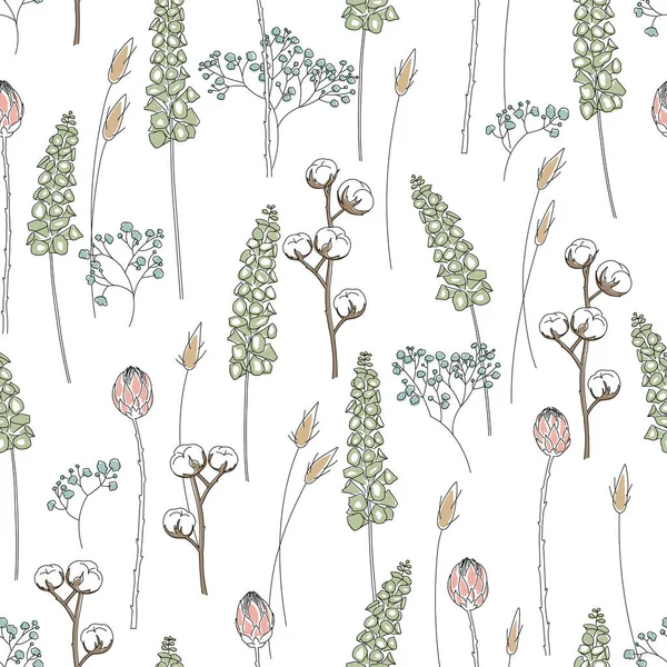 Kusursuz kuru çiçek deseni Lagurus, Cotton, Gypthe, Proteas. Doğrusal minimalist biçim çizimi — Stok Vektör