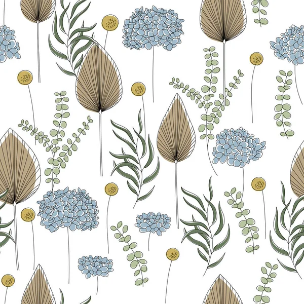 Patrón sin costuras de flores secas, hojas de palma, hortensias, craspedia, eucalipto. Ilustración lineal de estilo minimalista — Vector de stock