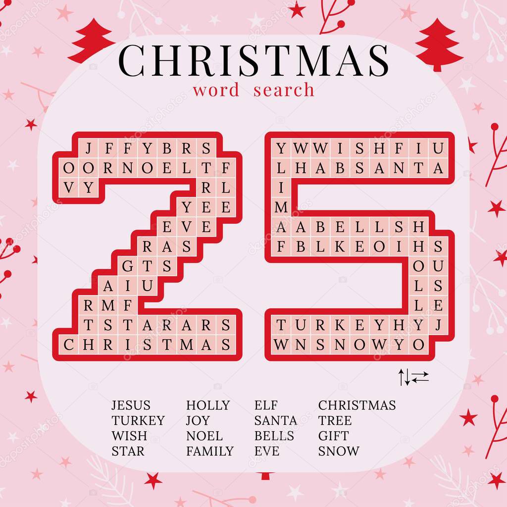 Christmas word search puzzle. Fun colorful printable activity winter game. Cute holiday party game. DIY template. Find 16 words. Educational crossword for learning English. Suitable for social media