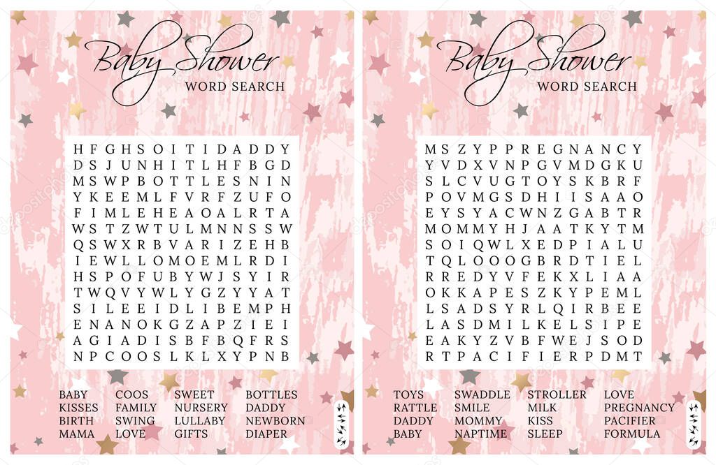 Set of Baby shower word search puzzles. Logic games. Printable party card. Activities ideas supplies. 
