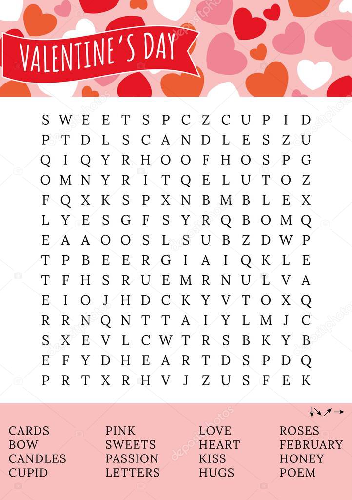 Valentine's Day game. Word search puzzle. Fun printable party activities. Crossword for learning English. Party card. Find hidden words about love.