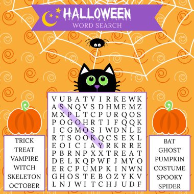 Cadılar Bayramı kelime bulmacası. Sonbahar tatili hakkında İngilizce kelime öğrenmek için çapraz bulmaca oyunu. Mantık oyunu. Aktivite fikirleri tedarik eder. Sosyal medya paylaşımı için uygun. Kara kedi, balkabağı, örümcek.