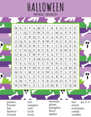 Cadılar Bayramı kelime bulmacası. Ekim bulmaca oyunu. İngilizce kelime öğrenmek için basılabilir çalışma tablosu. Sonbahar teması. 16 gizli kelime bul. Parti kartı. Hayalet karakterin vektör illüstrasyonu.