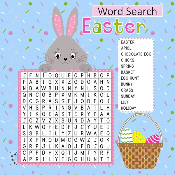 Easter Word Search Puzzle Cute Rabbit Basket Educational Game Kids — Stock Vector