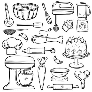 Fırın, şekerleme malzemeleri. El çizimi vektör çizimi beyaza izole edildi. Blender, elek, fırın tabağı, yemek işlemcisi.