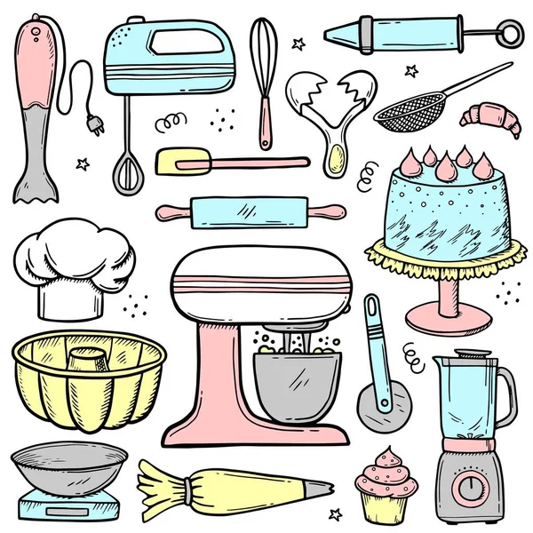 Boulangerie, confiserie. Illustration vectorielle dessinée à la main isolée sur blanc. mélangeur, tamis, plat de cuisson, robot culinaire — Image vectorielle