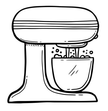 Yemek işlemcisi. Karıştırıyorum. Elektrikli mutfak aletleri. Aşçılık, mutfak aletleri karalamalar. Elektrik makinesi. Mutfak aletleri, ekipmanlar. Robot resim biçiminde vektör illüstrasyonları