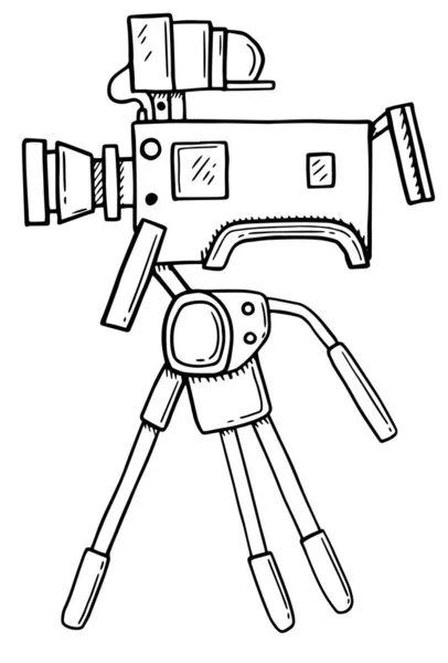 Videokamera. Kézzel rajzolt videokamera illusztráció. Digitális fényképezőgép külső mikrofonnal és széles látószögű lencsével. A videokamera vázlatrajza. — Stock Vector
